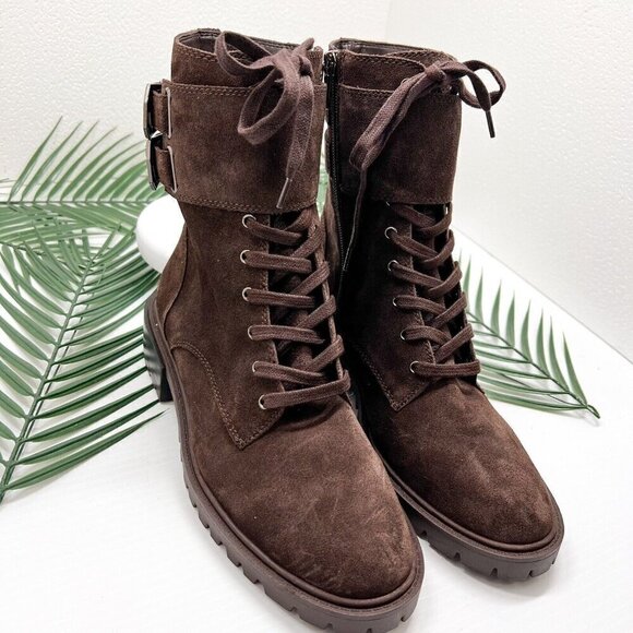 Vince Camuto Fawdry Chocolate Brown Suede Lace Up Combat Ankle Boots 8.5M NWOB - Picture 4 of 11